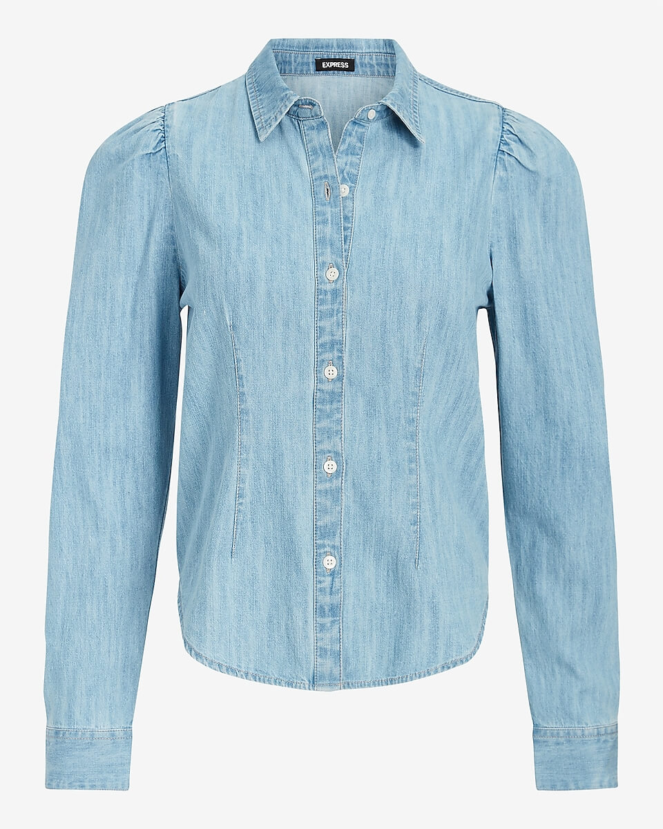 The Best Early Fall Pieces At Express puff sleeve denim shirt