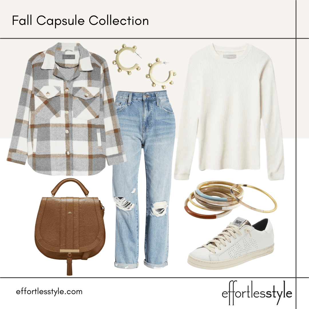 Fall Capsule Wardrobe Styled Looks – Part 1 shirt jacket and boyfriend jeans how to do the shirt jacket trend how to style a shirt jacket with distressed jeans how to wear a shirt jacket casually how to wear the shirt jacket trend in your 30s how to wear the shirt jacket trend in your 40s