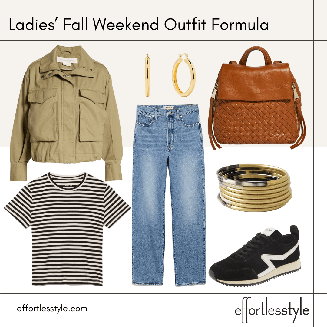 Ladies’ Fall Weekend Outfit Formula striped tee and jeans what to wear on the weekend in the fall what to wear to your kids games how to look put together at the baseball field what should I wear to my kid's games fun sneakers how to elevate jeans and a tee shirt