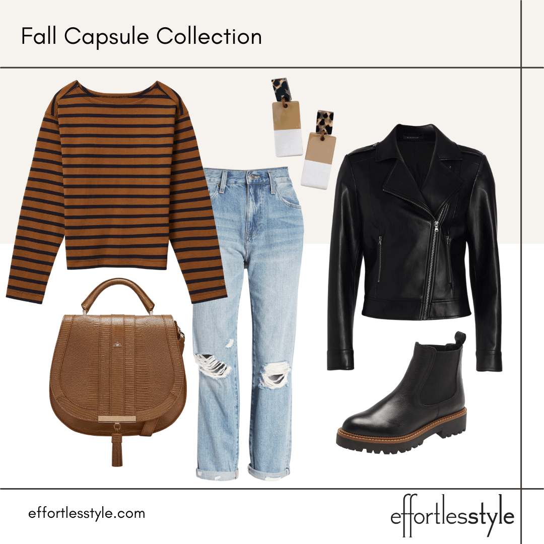 Fall Capsule Wardrobe Styled Looks – Part 1 striped tee and moto jacket how to wear Chelsea boots for fall how to style lug sole boots with boyfriend jeans fun casual look for fall what to wear to lunch with the girls