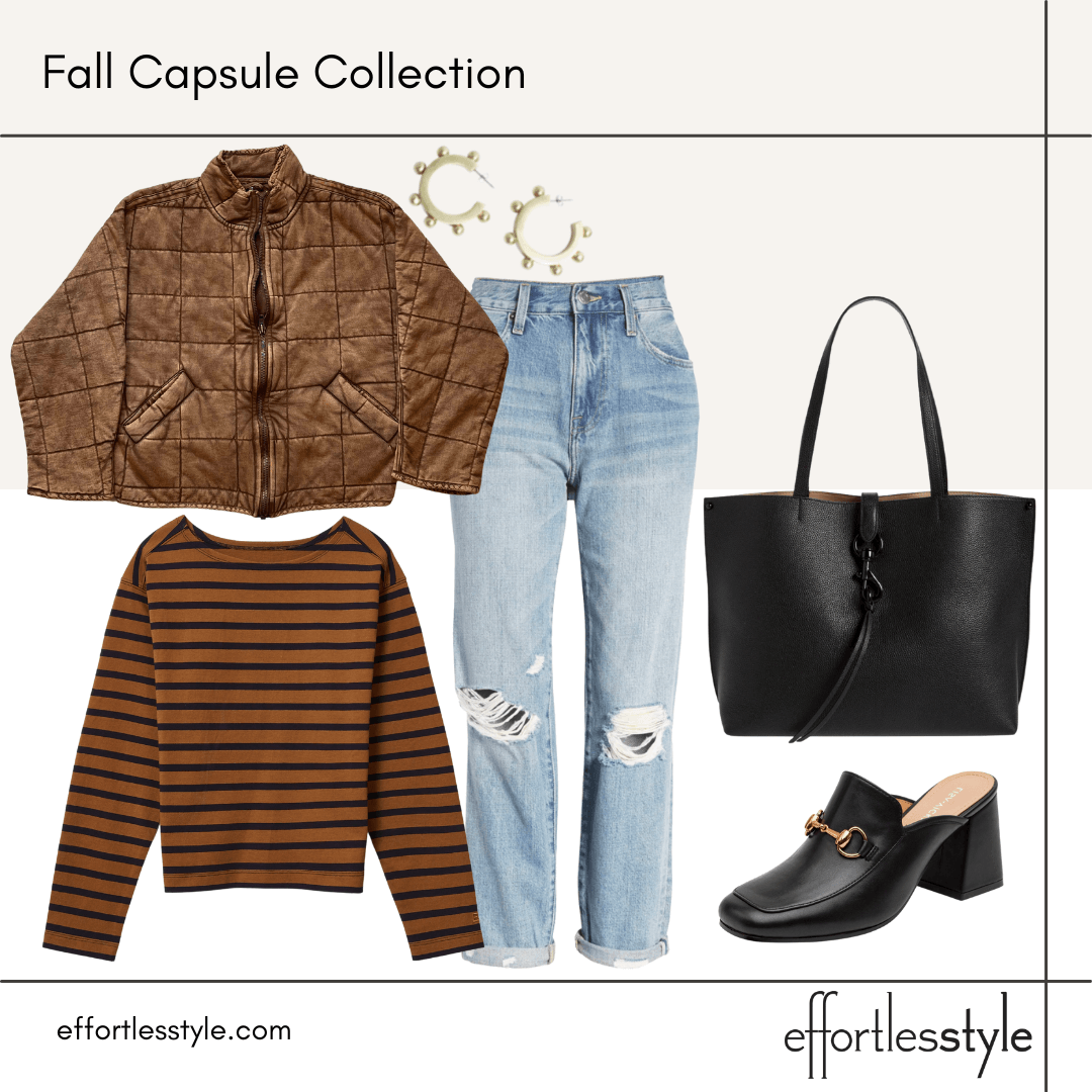 Fall Capsule Wardrobe Styled Looks – Part 1 striped tee and quilted jacket how to style loafer mules with jeans this fall what to wear to lunch with friends how to look casual but cute this fall dressy casual look for fall how to style loafer mules with a tee shirt