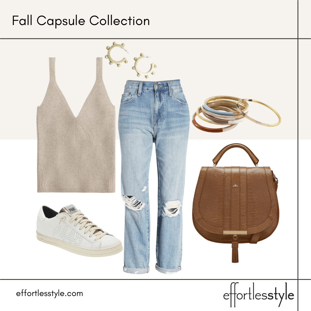 Fall Capsule Wardrobe Styled Looks – Part 1 sweater tank and boyfriend jeans how to wear a sweater tank with distressed jeans how to look casual and put together casual fall looks how to accessorize a sweater tank and jeans good bangle stack for fall bracelet set for fall