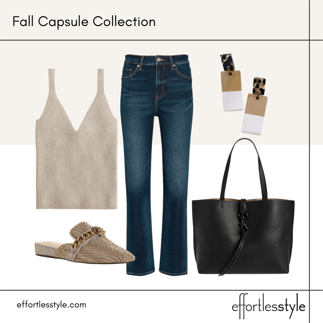 Fall Capsule Wardrobe Styled Looks – Part 1 sweater tank and dark wash jeans how to dress up jeans in the fall how to style a sweater tank with dark wash denim affordable statement mules for fall high quality black tote bag good carry all for fall