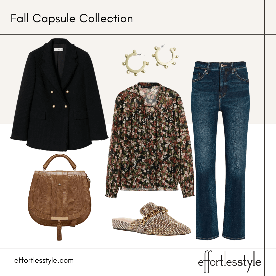 Fall Capsule Wardrobe Styled Looks – Part 2 black blazer and floral blouse how to wear tweed in the fall how to wear mules with jeans how to wear flats with a blazer how to dress a blazer down