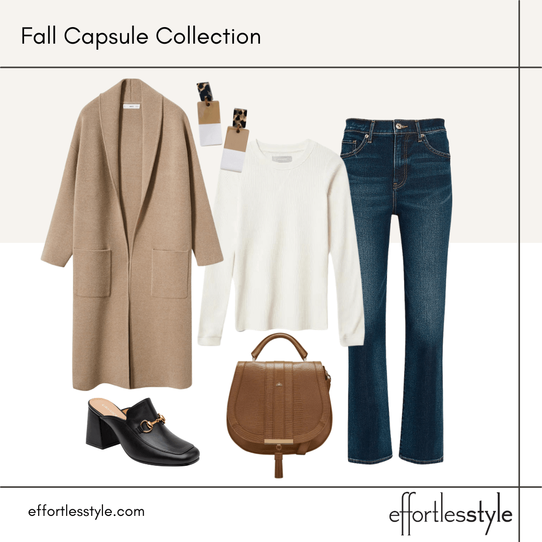 Fall Capsule Wardrobe Styled Looks – Part 2 coatigan and dark wash jeans how to wear loafer mules with jeans how to style dark wash jeans for work how to wear jeans to the office what to wear on casual Fridays at work