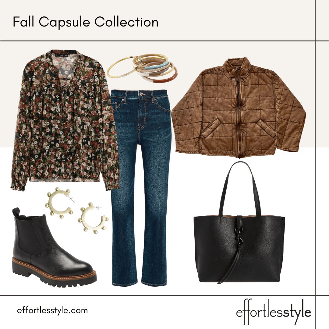 Fall Capsule Wardrobe Styled Looks – Part 2 floral blouse and dark wash jeans how to style a blouse with Chelsea boots how to style a blouse with jeans how to style a blouse with lug sole boots