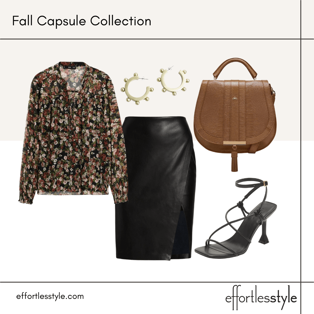 Fall Capsule Wardrobe Styled Looks – Part 2 floral blouse and midi skirt how to style a floral blouse with a faux leather skirt how to wear a faux leather skirt to work how to wear a midi skirt to work affordable dressy sandals good black sandals for going out
