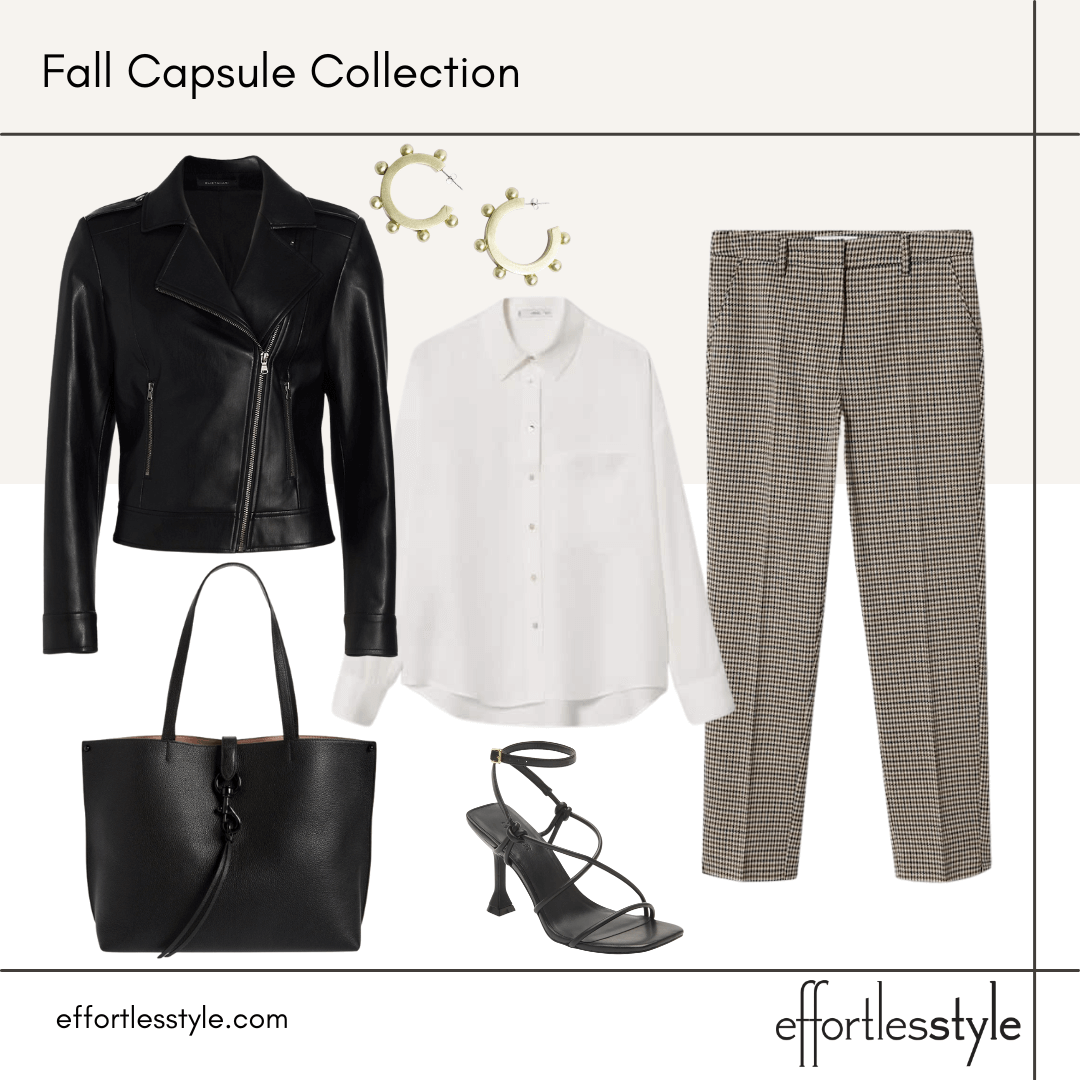 Fall Capsule Wardrobe Styled Looks – Part 2 moto jacket and ankle pants how to style a moto jacket for fall how to wear ankle pants this fall how to wear a patterned pant how to wear a moto jacket for work what to wear to a business dinner what to wear to drinks with coworkers