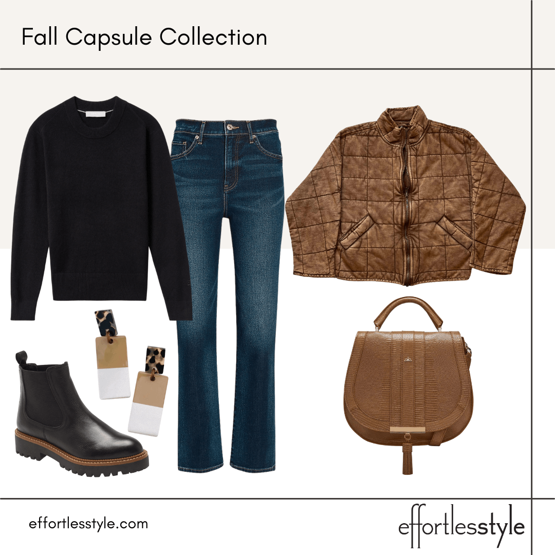 Fall Capsule Wardrobe Styled Looks – Part 2 quilted jacket and crewneck sweater versatile jacket for fall water resistant boots how to style Chelsea boots how to wear lug sole boots how to style lug sole boots