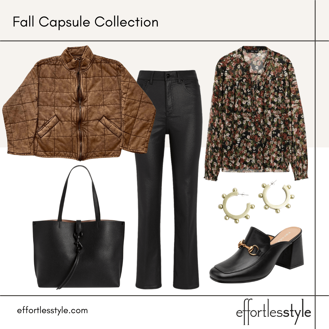Fall Capsule Wardrobe Styled Looks – Part 2 quilted jacket and floral blouse how to wear brown and black together can I wear brown and black together how to style a quilted jacket this fall fun fall date night look what to wear this fall