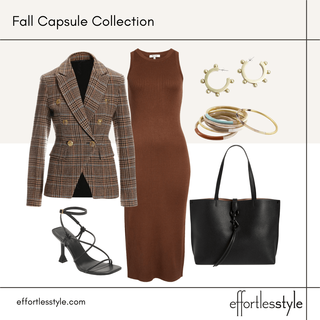 Fall Capsule Wardrobe Styled Looks – Part 2 sweater dress how to wear a blazer over a sweater dress how to wear a blazer over a midi dress how to wear a sweater dress for work how to style a sweater dress for the office