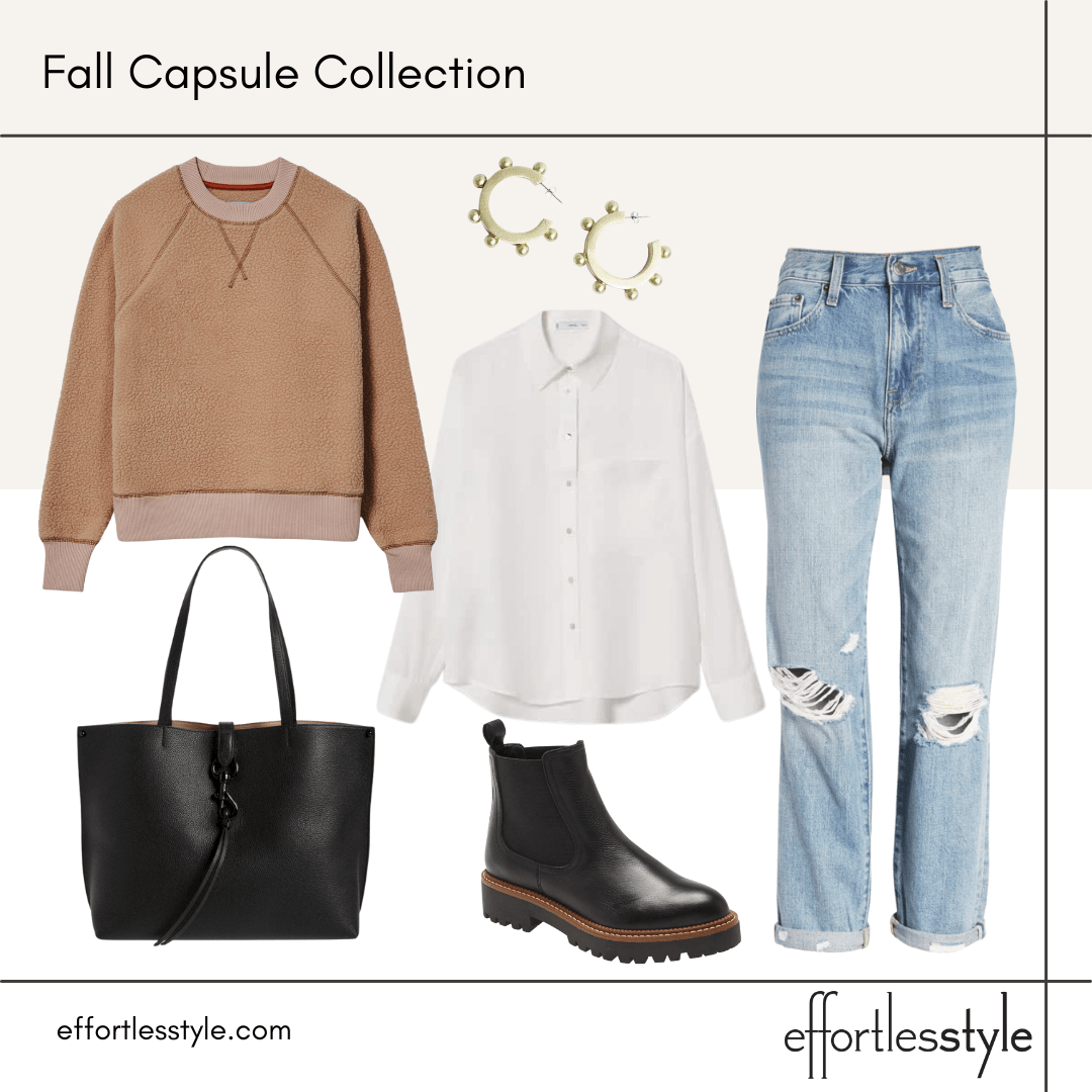 Fall Capsule Wardrobe Styled Looks – Part 2 sweatshirt and boyfriend jeans how to wear a button-up shirt under a sweatshirt how to make a sweatshirt look more dressy how to make a sweatshirt and jeans look preppy