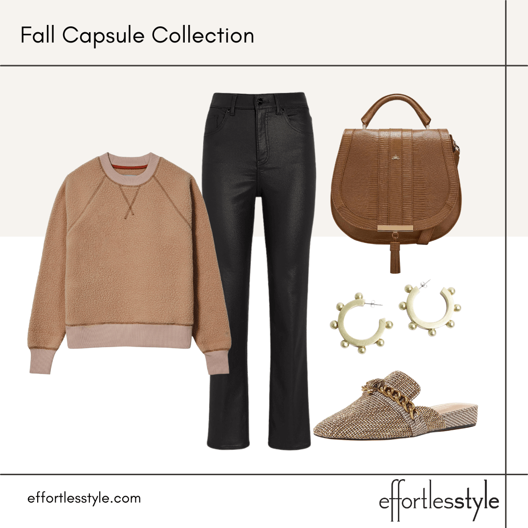 Fall Capsule Wardrobe Styled Looks – Part 2 sweatshirt and coated jeans how to style a sweatshirt for fall how to wear coated jeans this fall how to wear mules with a sweatshirt how to dress a sweatshirt up