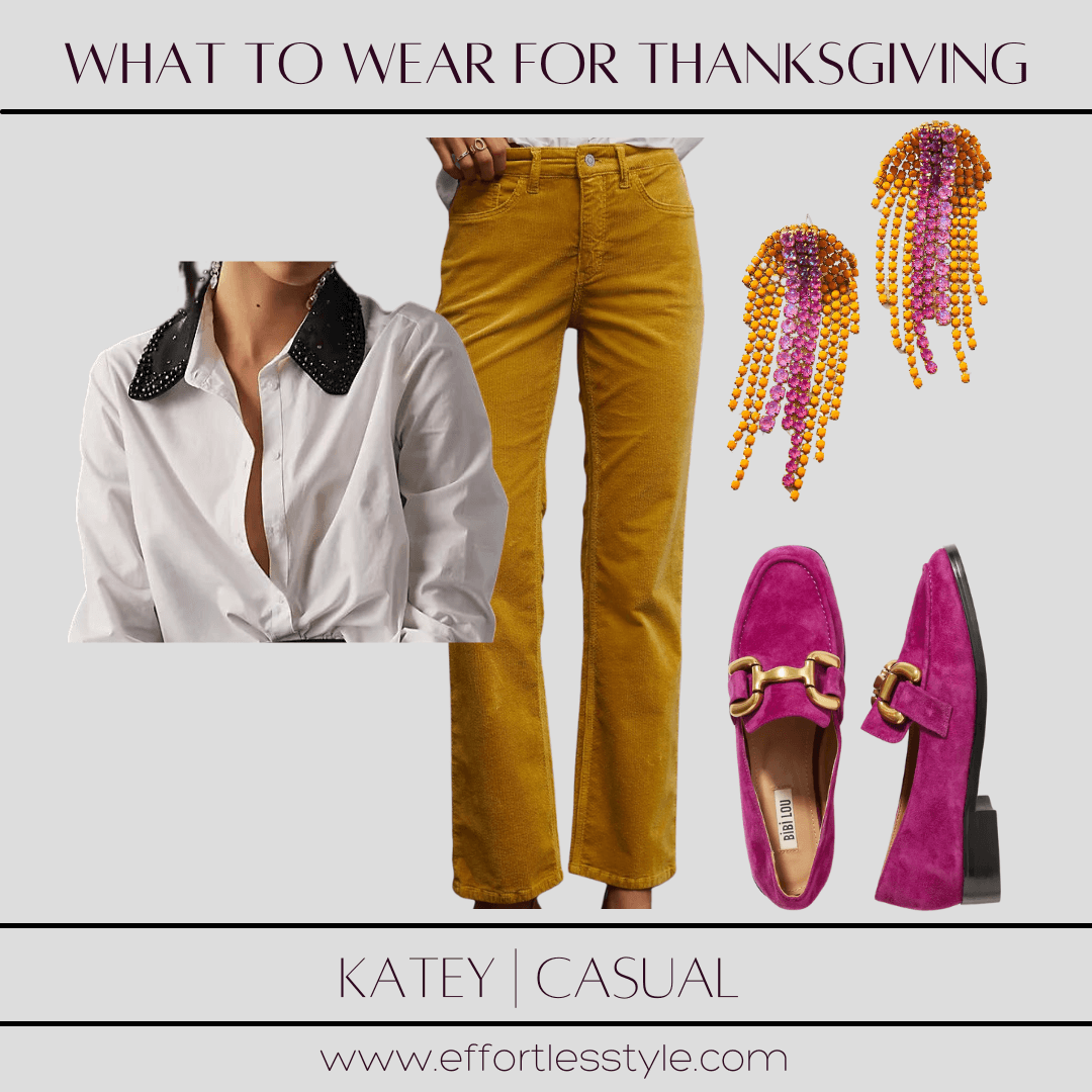 Nashville Personal Stylists - What To Wear For Thanksgiving embellished collar button-up shirt and corduroy jeans how to style a white button-up shirt how to add color to a white button-up shirt color blocking look how to wear corduroy jeans for thanksgiving dinner