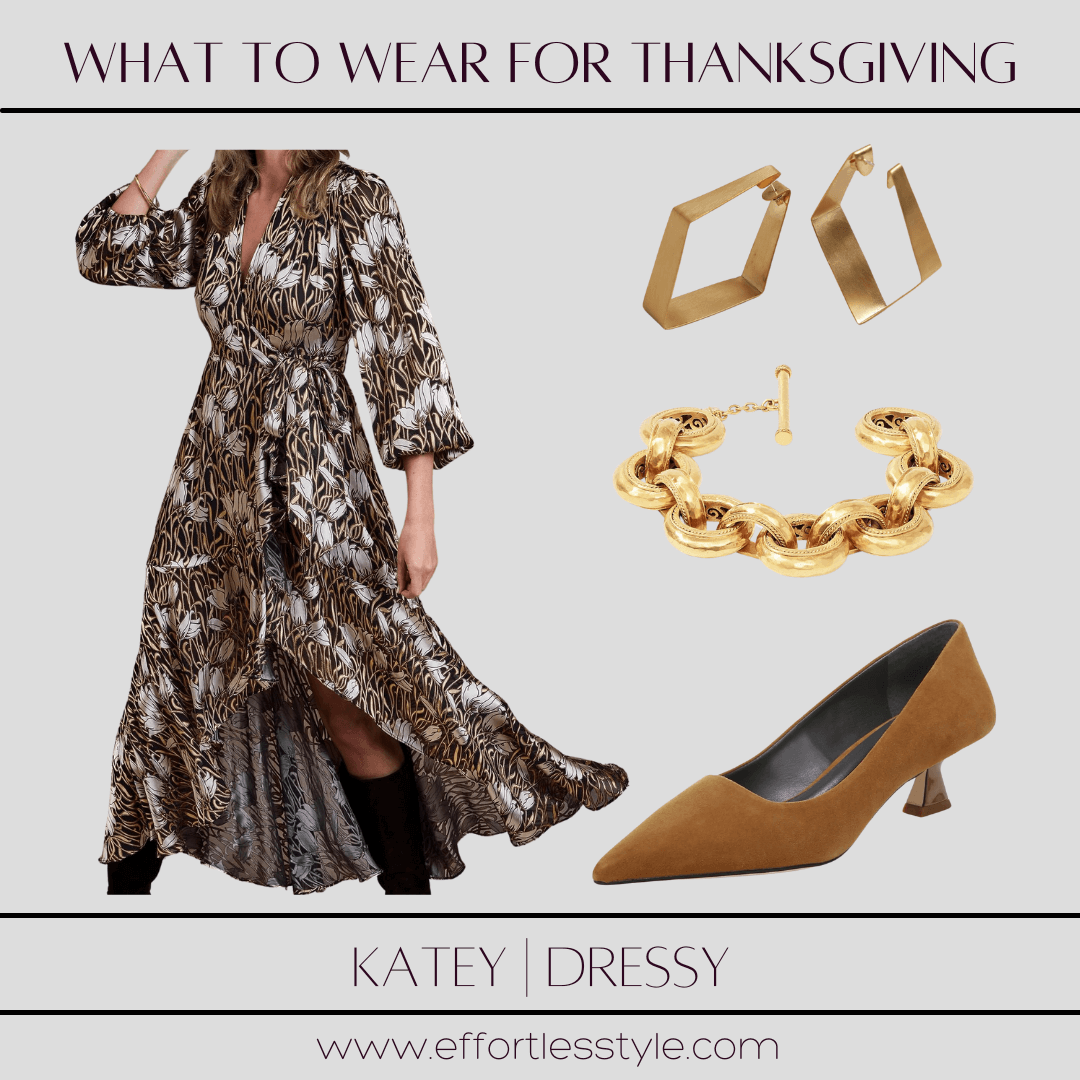 Nashville Personal Stylists - What To Wear For Thanksgiving ruffle wrap dress and pointed toe kitten heel pumps how to style a dress for thanksgiving how to wear a dress for thanksgiving dinner how to style a kitten heel how to accessorize a wrap dress