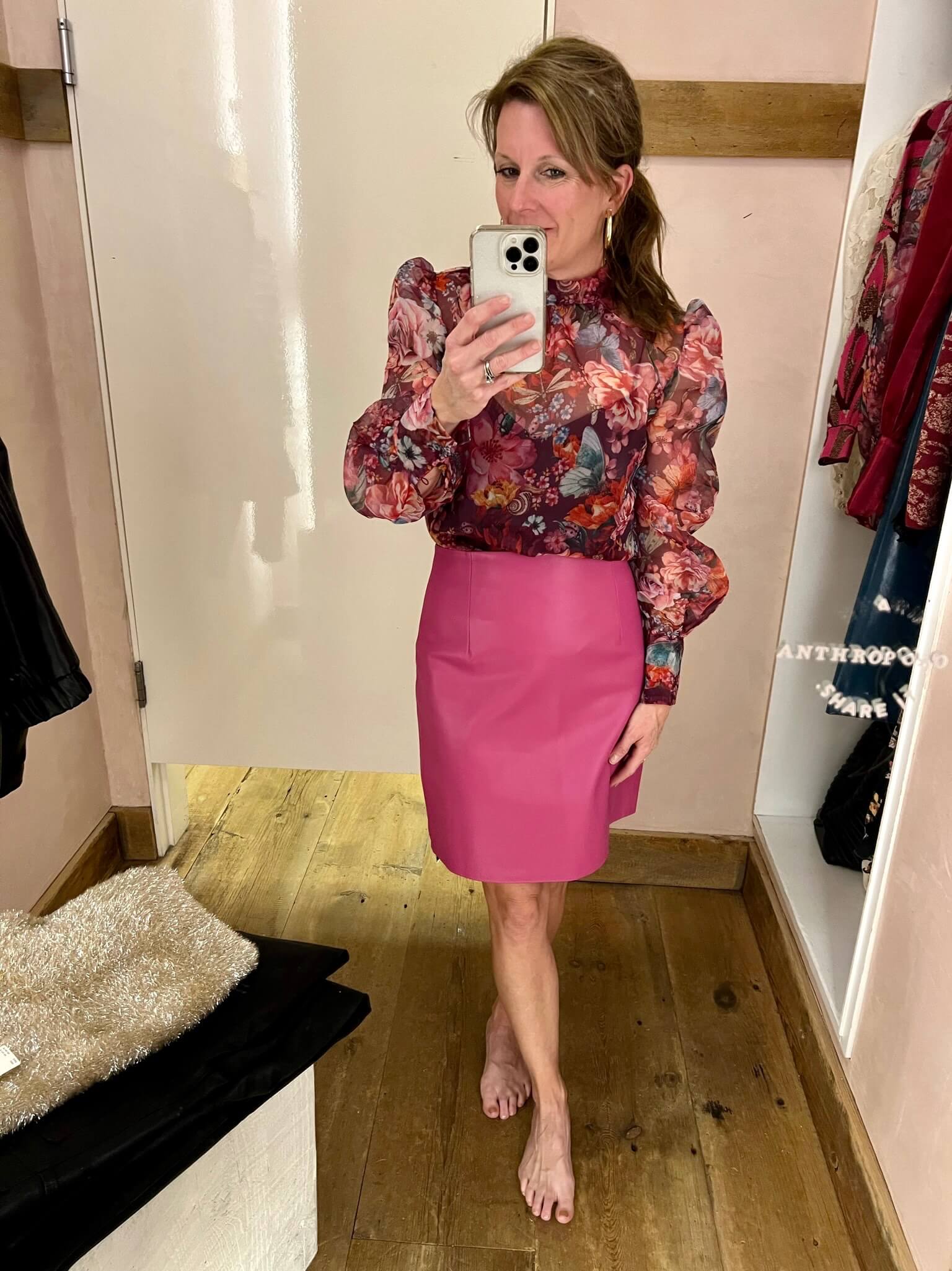 The Best Holiday Pieces At Anthropologie floral organza blouse how to wear organza this holiday season how to wear a floral pattern for holiday parties how to wear hot pink for Christmas parties how to style hot pink for the holidays