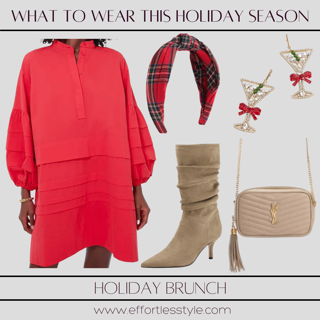 What To Wear To A Holiday Party Every Day Of The Week holiday brunch how to accessorize a red dress for a holiday brunch what to wear for a holiday brunch fun look for a Christmas brunch how to make your dress festive how to use accessories to make a dress festive for the holidays