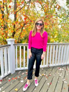 3 Pairs Of Jeans You Need This Season cashmere sweater and coated jeans how to wear sneakers with coated jeans how to wear coated jeans casually nashville stylists share look for pink trend how to wear hot pink in the fall how to wear hot pink in the winter