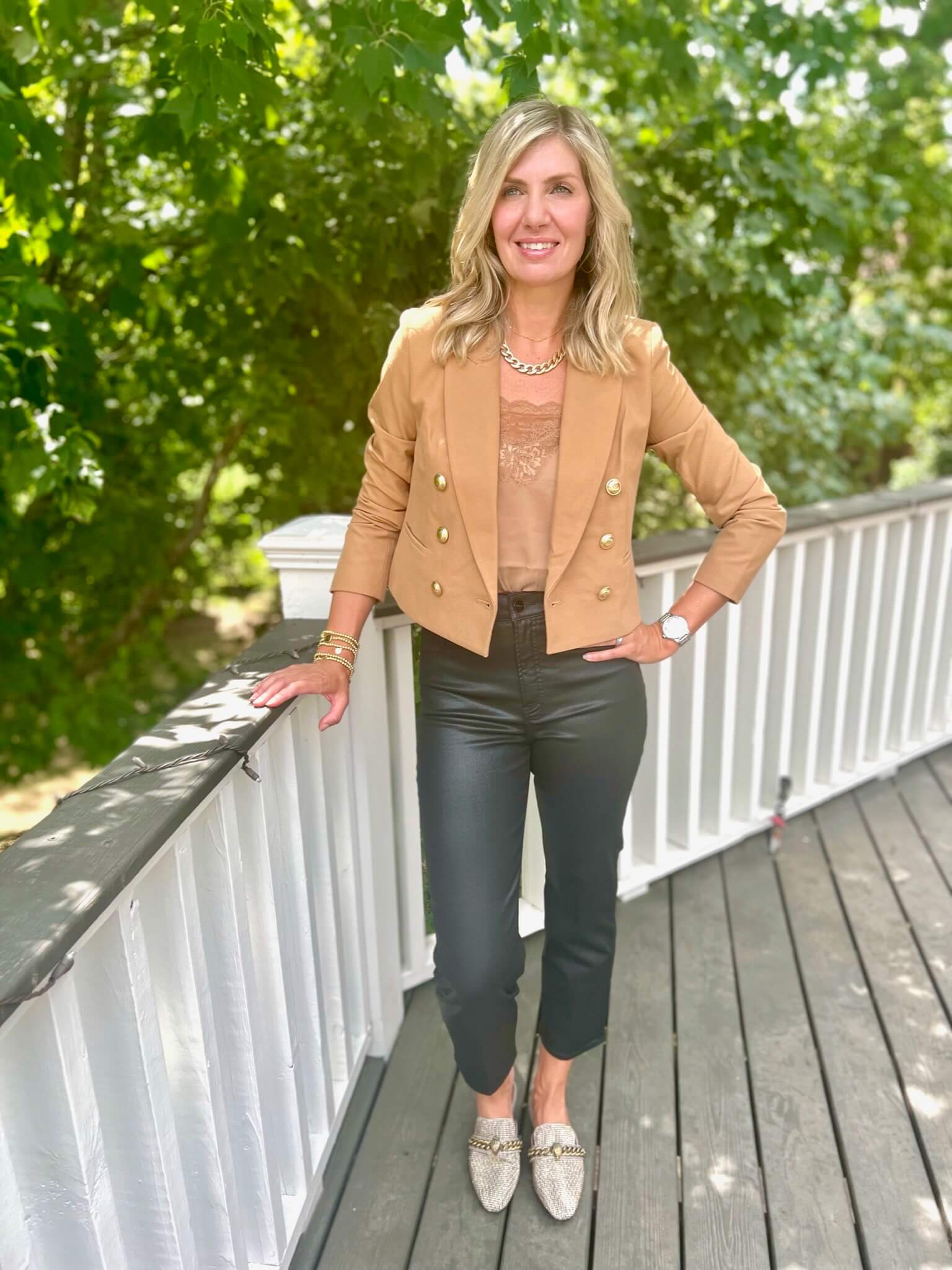 3 Pairs Of Jeans You Need This Season camel blazer and coated jeans nashville stylists share style inspiration for coated jeans personal stylists share style inspiration for blazers how to wear flats with a blazer