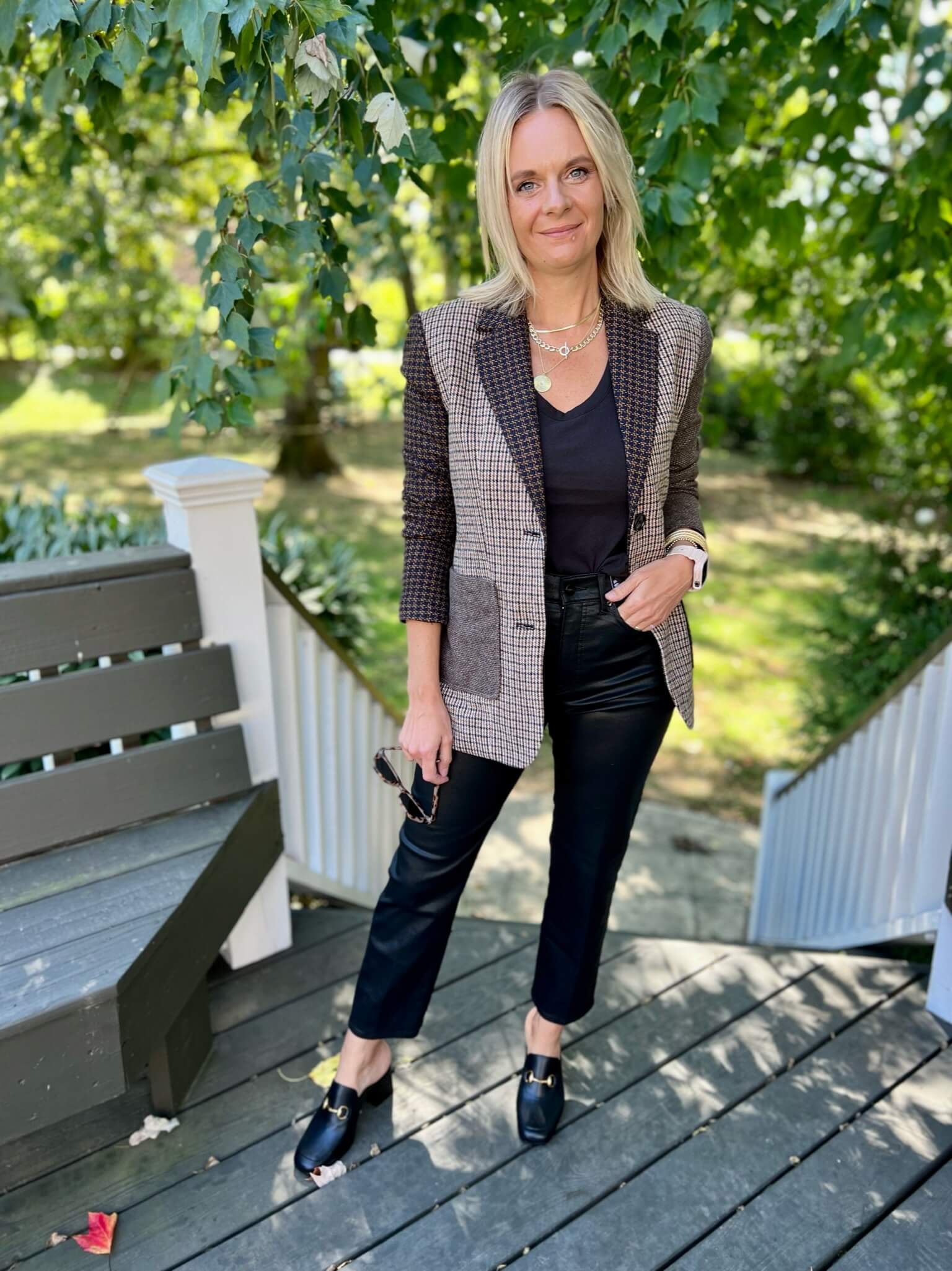 3 Pairs Of Jeans You Need This Season plaid blazer and coated jeans how to style coated jeans for work how to wear coated jeans for work how to style loafer mules nashville stylists share favorite coated jeans