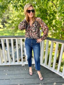 3 Pairs Of Jeans You Need This Season floral blouse and straight leg jeans nashville stylists share favorite straight leg jeans personal stylists talk straight leg jeans how to dress straight leg jeans up date night look with straight leg jeans how to wear dressy sandals with straight leg jeans