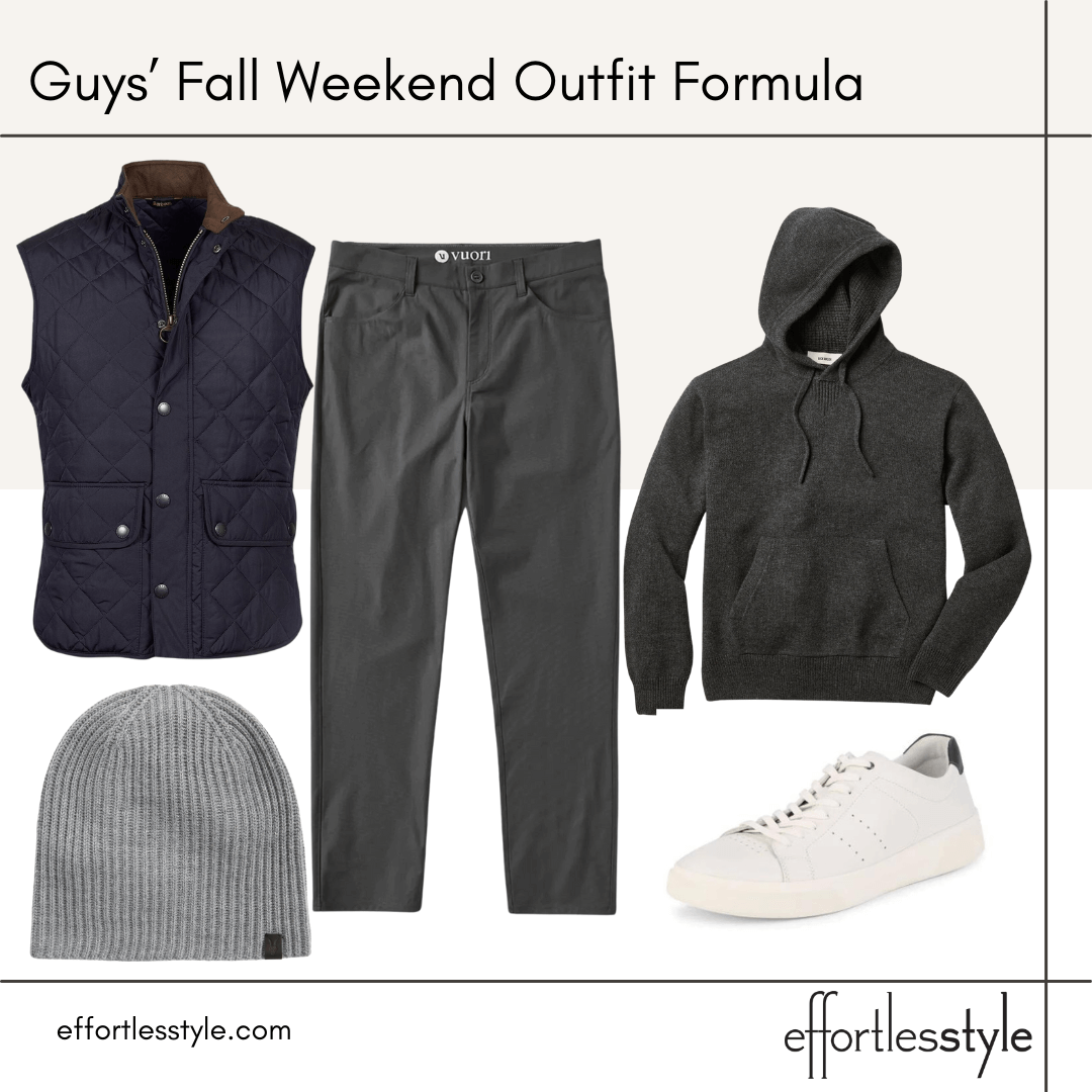 Guys’ Fall Weekend Outfit Formula quilted vest and hoodie how to style a vest guys' weekend style what to wear for a busy weekend men's fashion for fall how to style a hoodie for guys