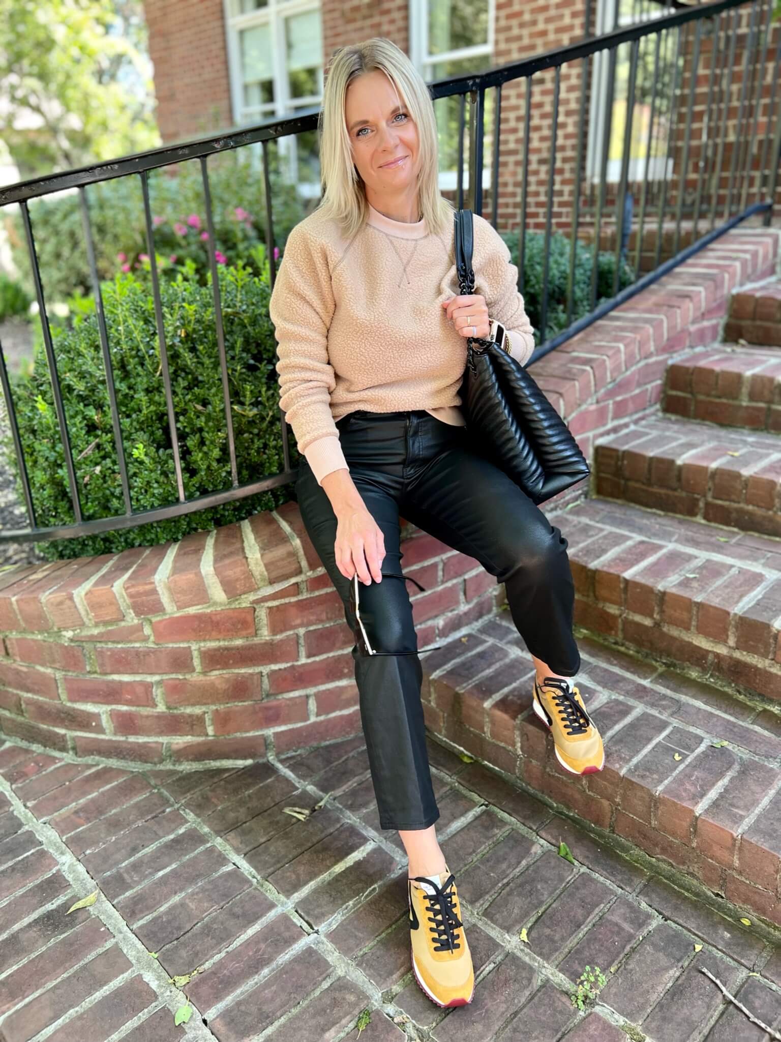 October Favorites From Our Nashville Personal Stylists sweatshirt and coated jeans how to style coated jeans with a sweatshirt how to wear coated jeans with sneakers