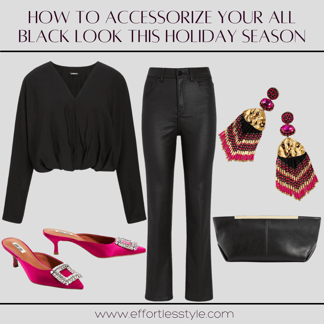 How To Accessorize Your All Black Look This Holiday Season Blouse & Coated Jeans For Holiday Party how to accessorize with pink for Christmas how to wear pink this holiday season how to add color to your all black outfit how to style your all black outfit for the holidays