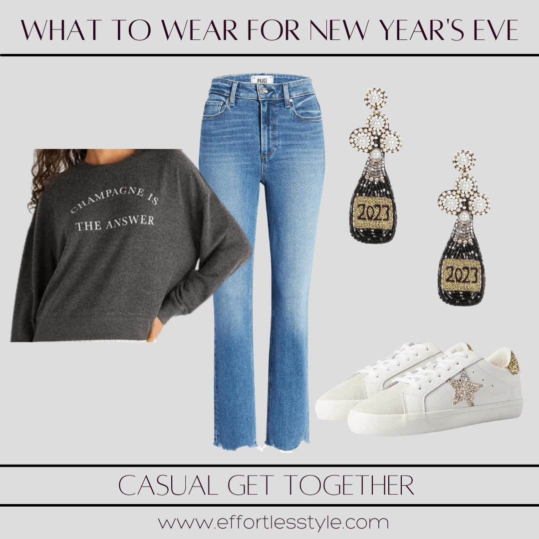 Nashville Personal Stylists: What To Wear For New Year's Eve Champagne Sweatshirt & Beaded Earrings how to accessorize a graphic sweatshirt for New Year's Eve how to wear glitter sneakers how to style champagne bottle earrings what to wear for a casual New Year's Eve get together