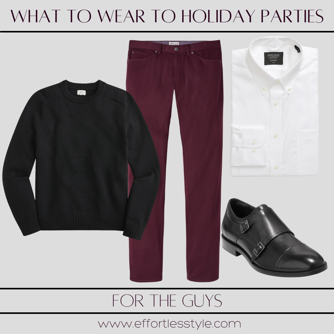 For The Guys - What To Wear To Holiday Parties crewneck sweater & 5 pocket pants how to style five pocket pants style inspiration for the guys for the holidays what to wear to Christmas parties how to wear a crewneck sweater to a holiday party how to style a sweater for a holiday party Nashville stylists share style inspiration for holiday parties personal stylists share holiday looks for guys