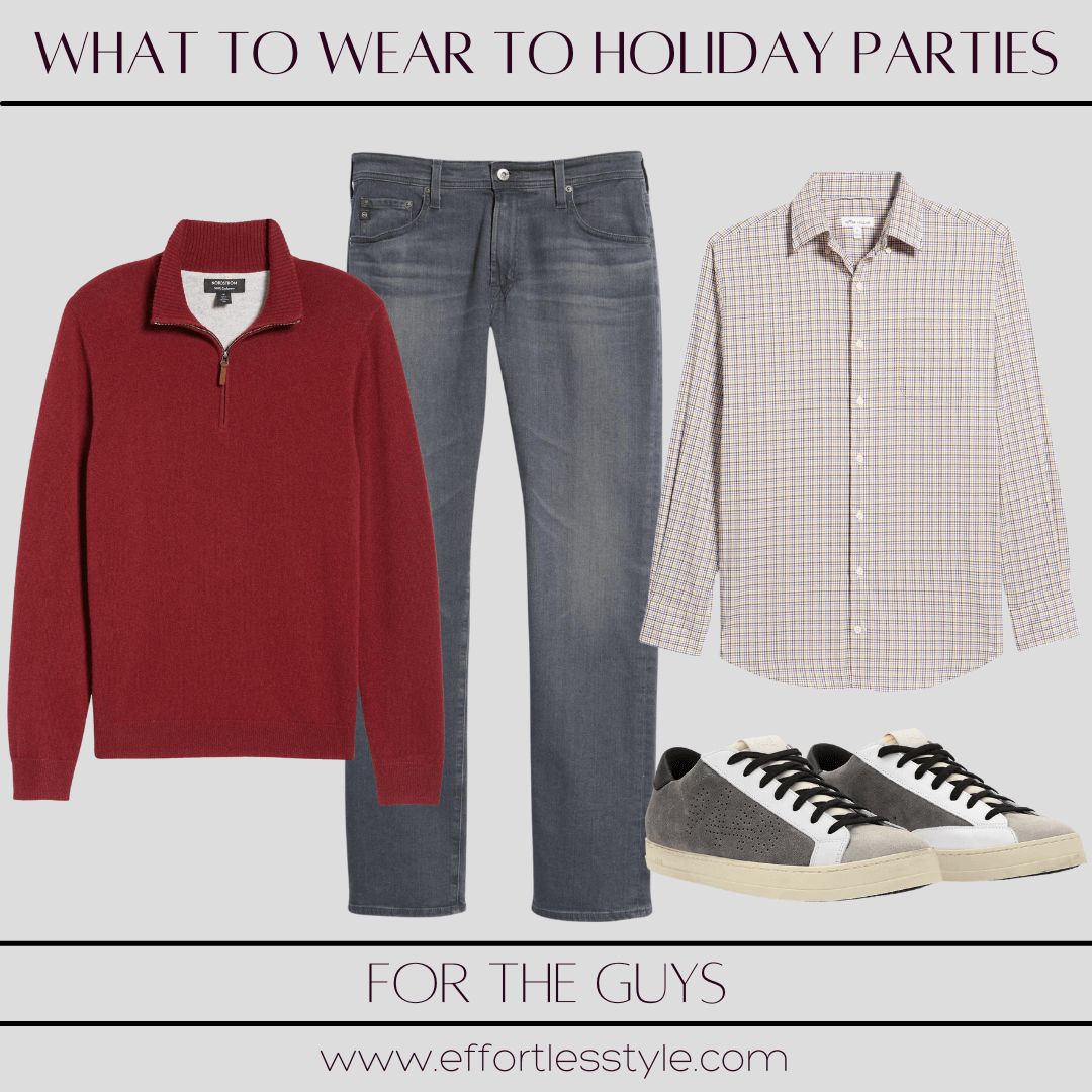 For The Guys - What To Wear To Holiday Parties half zip sweater & grey jeans how to style a red sweater during the holidays how to wear a red sweater for a holiday party Nashville stylists share holiday style inspiration for men personal stylists share holiday style inspiration for the guys