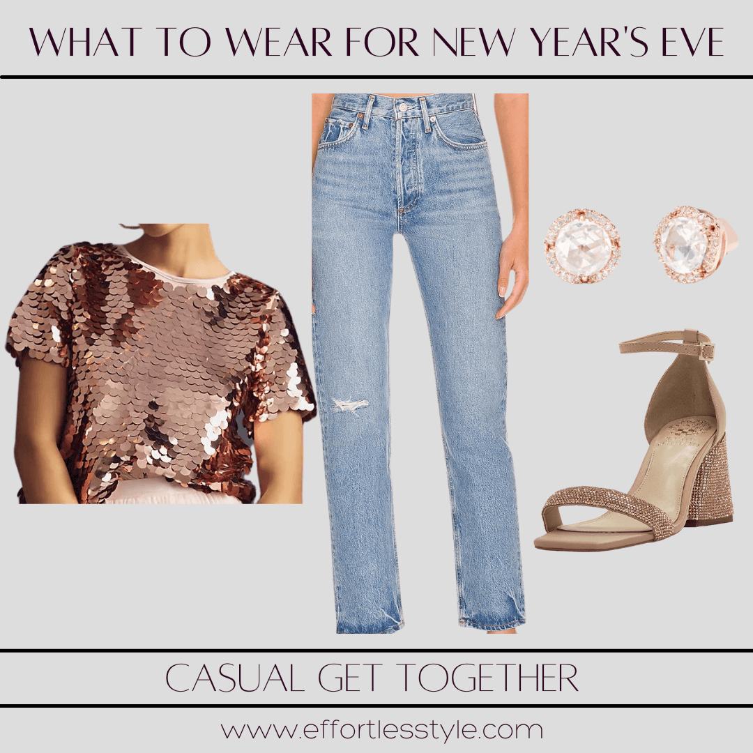 Nashville Personal Stylists: What To Wear For New Year's Eve Rose Gold Sequin Tee & Jeans how to wear sequins with jeans how to wear strappy sandals with jeans how to style sequins for a casual get together how to wear sequins casually