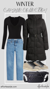 How To Wear Our Winter Capsule Wardrobe - Part 1 Puffer Coat & Black Bodysuit & Dark Wash Jeans personal stylists share must have winter pieces Nashville area stylists talk about how to create a capsule wardrobe how to style a long sleeve bodysuit with jeans how to wear a bodysuit casually