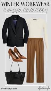 How To Wear Our Winter Workwear Capsule Wardrobe - Part 2 Black Blazer & Bodysuit & Camel Pants how to wear brown and black together this winter how to wear camel pants how to style your camel suit pants for work how to wear a bodysuit to the office Nashville area stylists share must have pieces for professional winter wardrobe