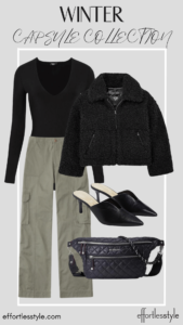 Black Bodysuit & Sherpa Jacket & Cargo Pants style inspiration for mules and cargo pants dressing up cargo pants personal stylists share going out looks outfit ideas for date night outfit ideas for girls night out