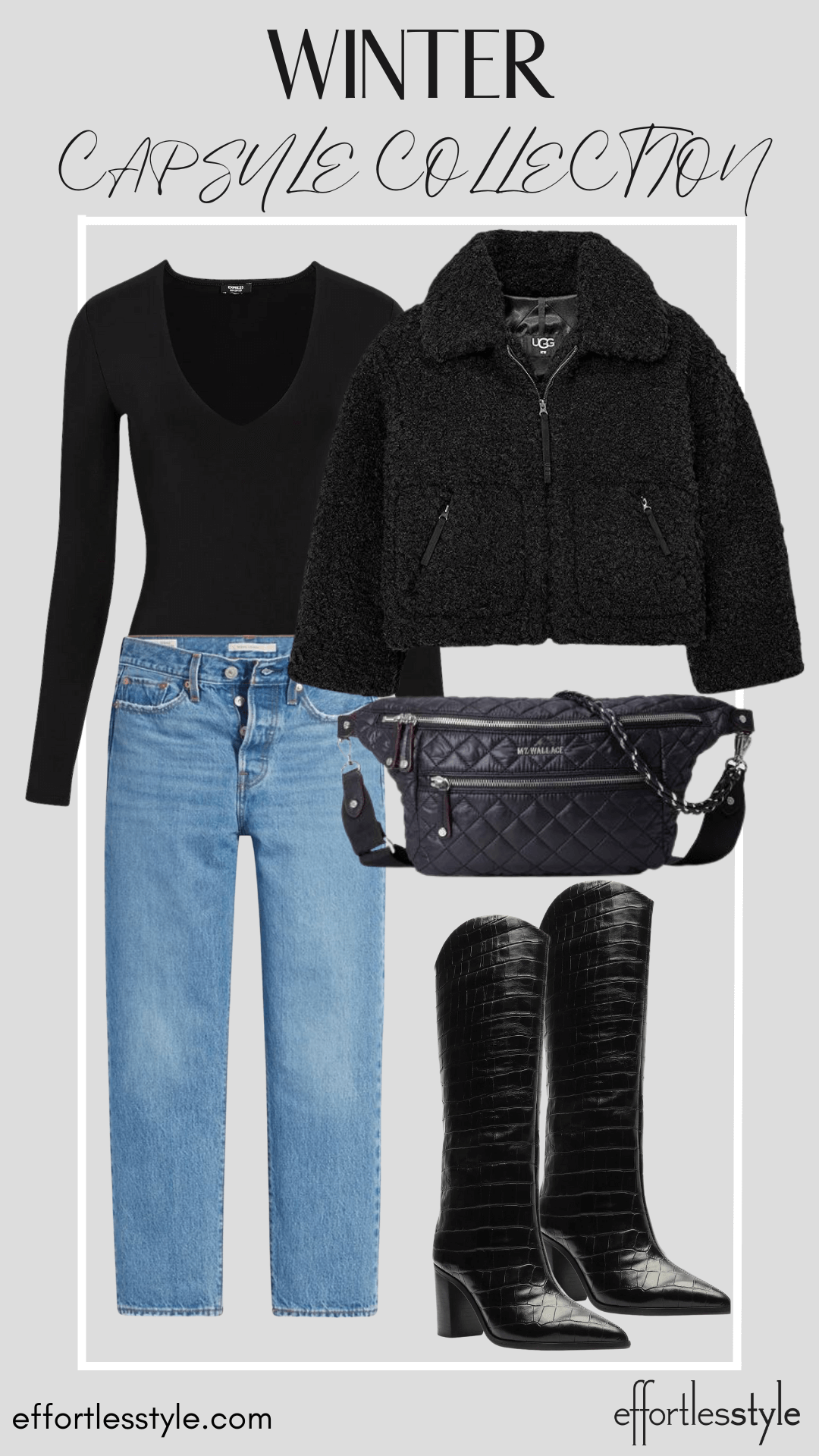 Black Bodysuit & Sherpa Jacket & Dark Wash Jeans how to style a sherpa jacket how to style tall boots with straight leg jeans style inspiration for your long sleeve bodysuit how to style a bodysuit with jeans