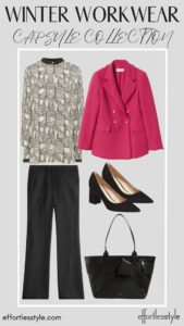 How To Wear Our Winter Workwear Capsule Wardrobe - Part 2 Black & White Printed Blouse & Black Pants & Statement Blazer how to wear a bright colored jacket with your suit pants how to style your suit pants with color how to add color to your look for the office how to wear pattern to the office