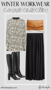 Black & White Printed Blouse & Long Skirt how to style pattern for the office how to style a long skirt the long skirt trend how to style your tall boots the tall boot trend