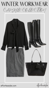 How To Wear Our Winter Workwear Capsule Wardrobe - Part 1 Bow Neck Blouse & Pencil Skirt & Black Boot how to style tall boots how to wear tall boots with a pencil skirt how to make a pencil skirt fun how to style a grey skirt for work