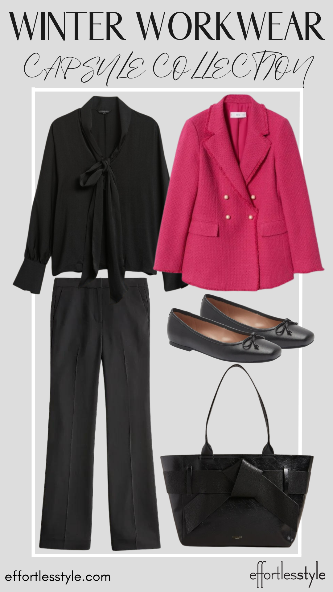 How To Wear Our Winter Workwear Capsule Wardrobe - Part 1 Bow Neck Blouse & Black Pants & Statement Blazer how to wear all black with a pop of color to the office how to wear bight pink to work how to style pink in the winter how to wear flats with suit pants