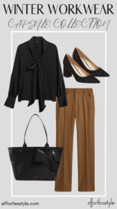 Bow Neck Blouse & Camel Pants personal stylists talk about styling black and brown together how to wear camel pants how to wear an elevated blouse to the office
