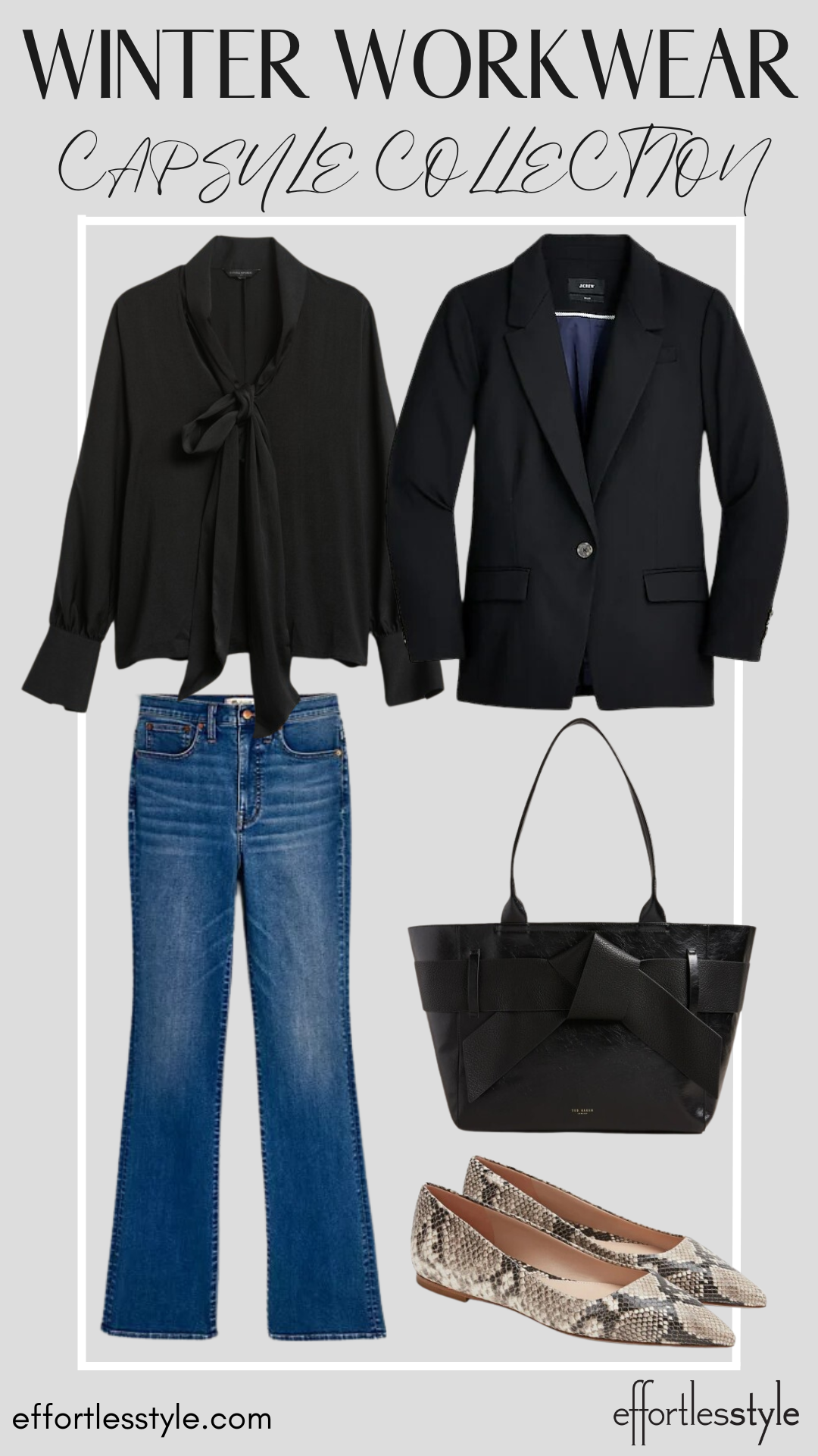 How To Wear Our Winter Workwear Capsule Wardrobe - Part 1 Bow Neck Blouse & Dark Wash Jeans personal stylists share must have pieces for winter workwear how to style a bow neck blouse for the office how to wear an elevated blouse with jeans how to style your jeans for work how to style flare jeans