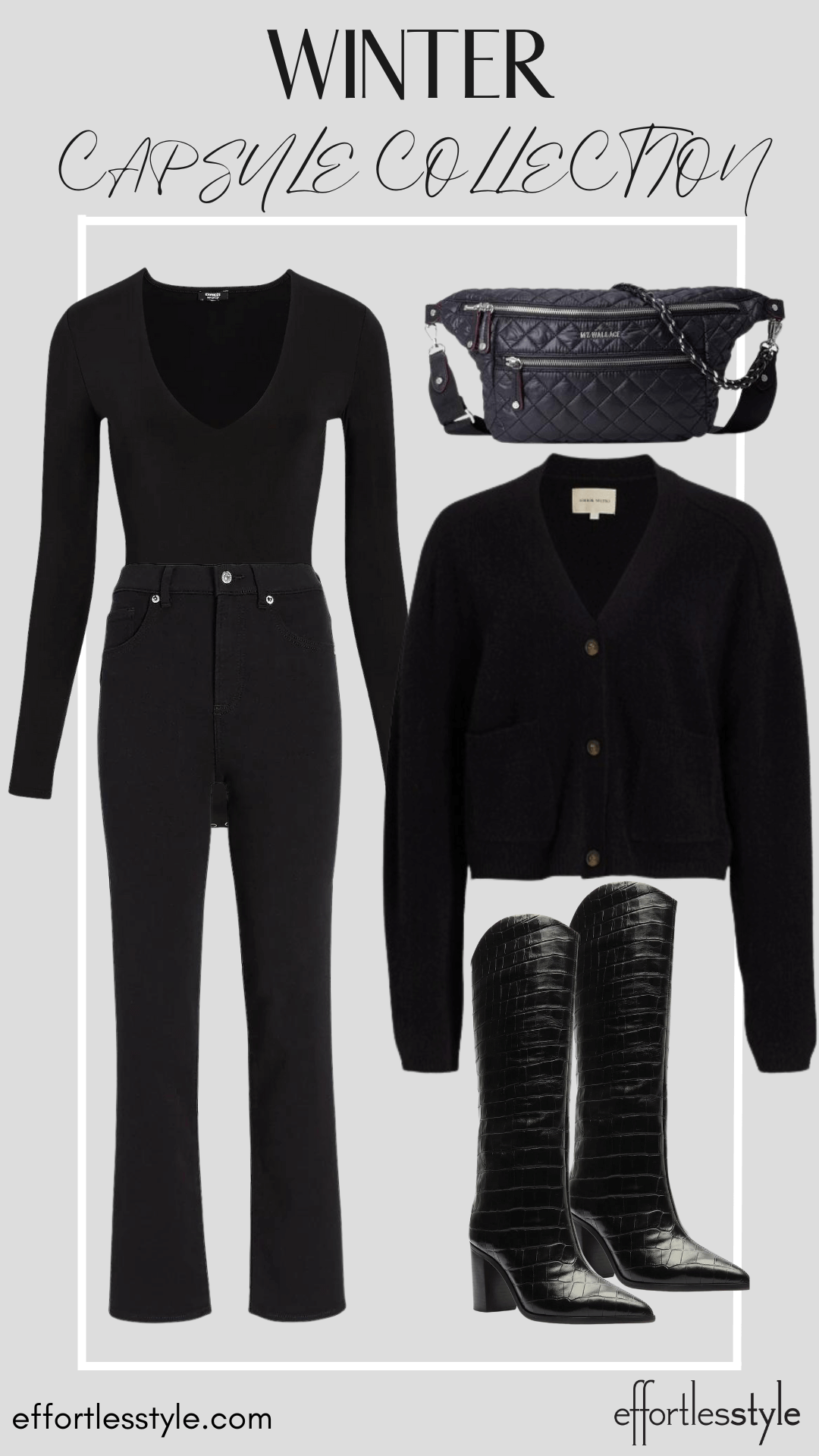 How To Wear Our Winter Capsule Wardrobe - Part 2 Cropped Cardigan & Black Bodysuit & Black Jeans how to wear all black this winter how to layer a cardigan over a bodysuit how to style a cropped cardigan for winter personal stylists share style inspiration for cropped cardigan