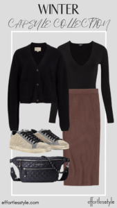 Cropped Cardigan & Black Bodysuit & Midi Skirt style inspiration for midi skirt ways to style a midi skirt wearing sneakers with a midi skirt fun styled looks for cold weather