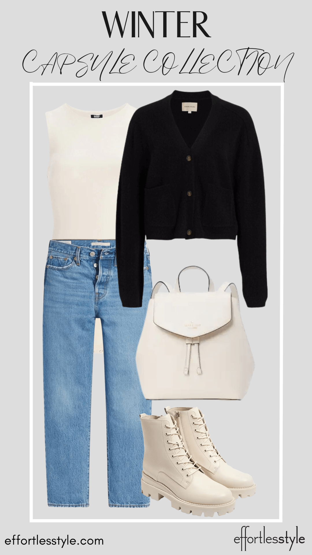How To Wear Our Winter Capsule Wardrobe - Part 2 Cropped Cardigan & Faux Leather Bodysuit & Dark Wash Jeans how to style a faux leather bodysuit ways to wear a faux leather bodysuit how to wear a cropped cardigan with jeans how to style a cropped cardigan with combat boots leather backpack
