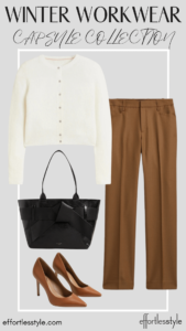 How To Wear Our Winter Workwear Capsule Wardrobe Elevated Cardigan & Camel Pants how to wear ivory and camel tones together how to style camel suit pants for work how to style a cardigan with suit pants how to wear a cardigan to the office how to style slacks