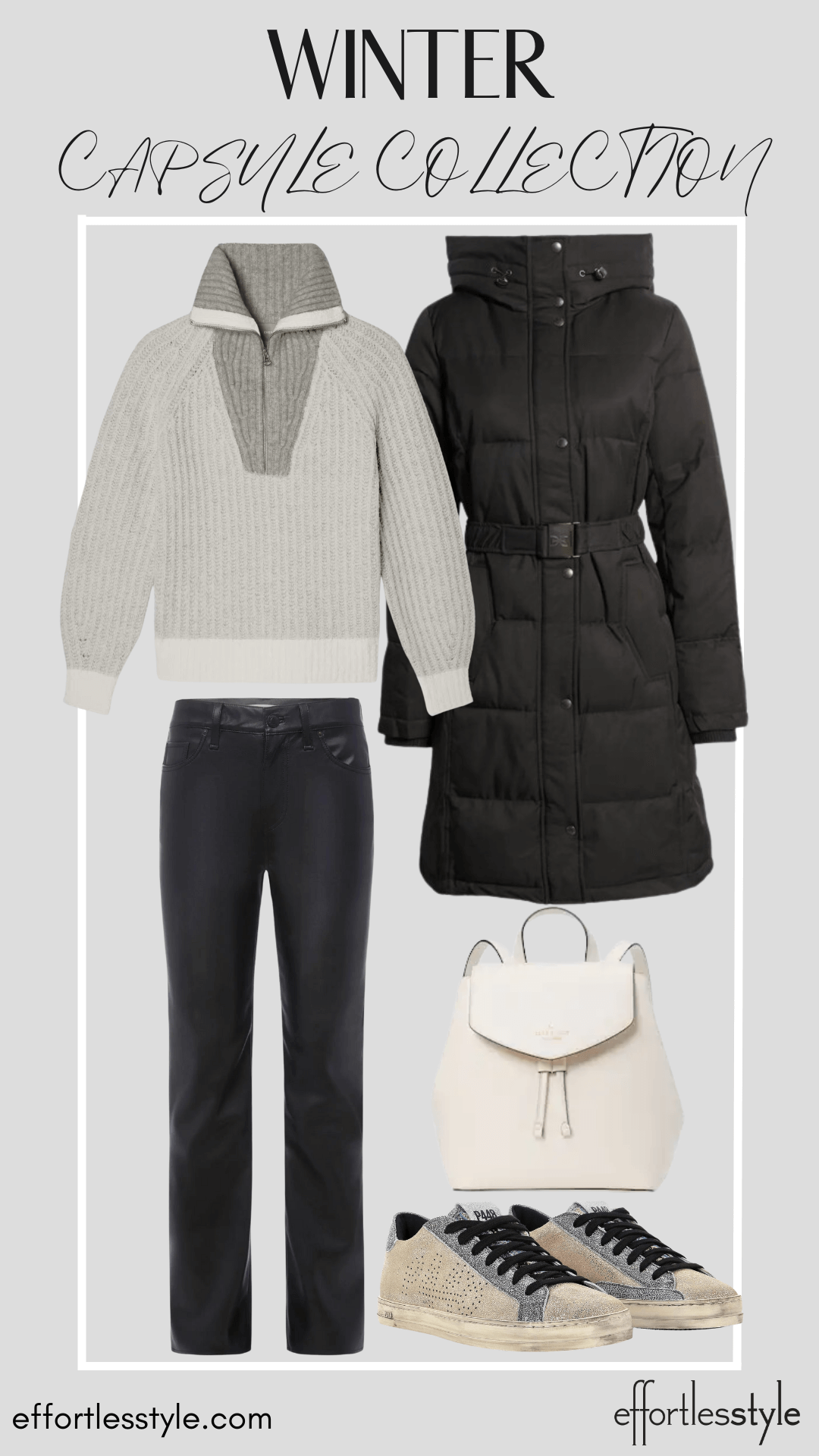 How To Wear Our Winter Capsule Wardrobe - Part 1 Half-Zip Sweater & Faux Leather Pants how to dress up your casual sweater how to wear faux leather pants with a casual sweater how to style your faux leather pants with sneakers