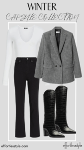 How To Wear Our Winter Capsule Wardrobe - Part 2 Houndstooth Blazer & White Bodysuit & Black Jeans affordable blazer for winter style inspiration for the winter months how to look professional in jeans how to wear black jeans to the office how to wear tall boots over black jeans how to style tall boots over straight leg jeans how to wear a blazer with black jeans