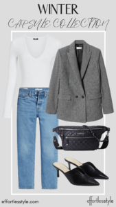 How To Wear Our Winter Capsule Wardrobe - Part 2 Houndstooth Blazer & White Bodysuit & Dark Wash Jeans how to wear a bodysuit with a blazer how to wear a bodysuit with jeans how to style a blazer with jeans how to wear mules with jeans how to dress up casual jeans