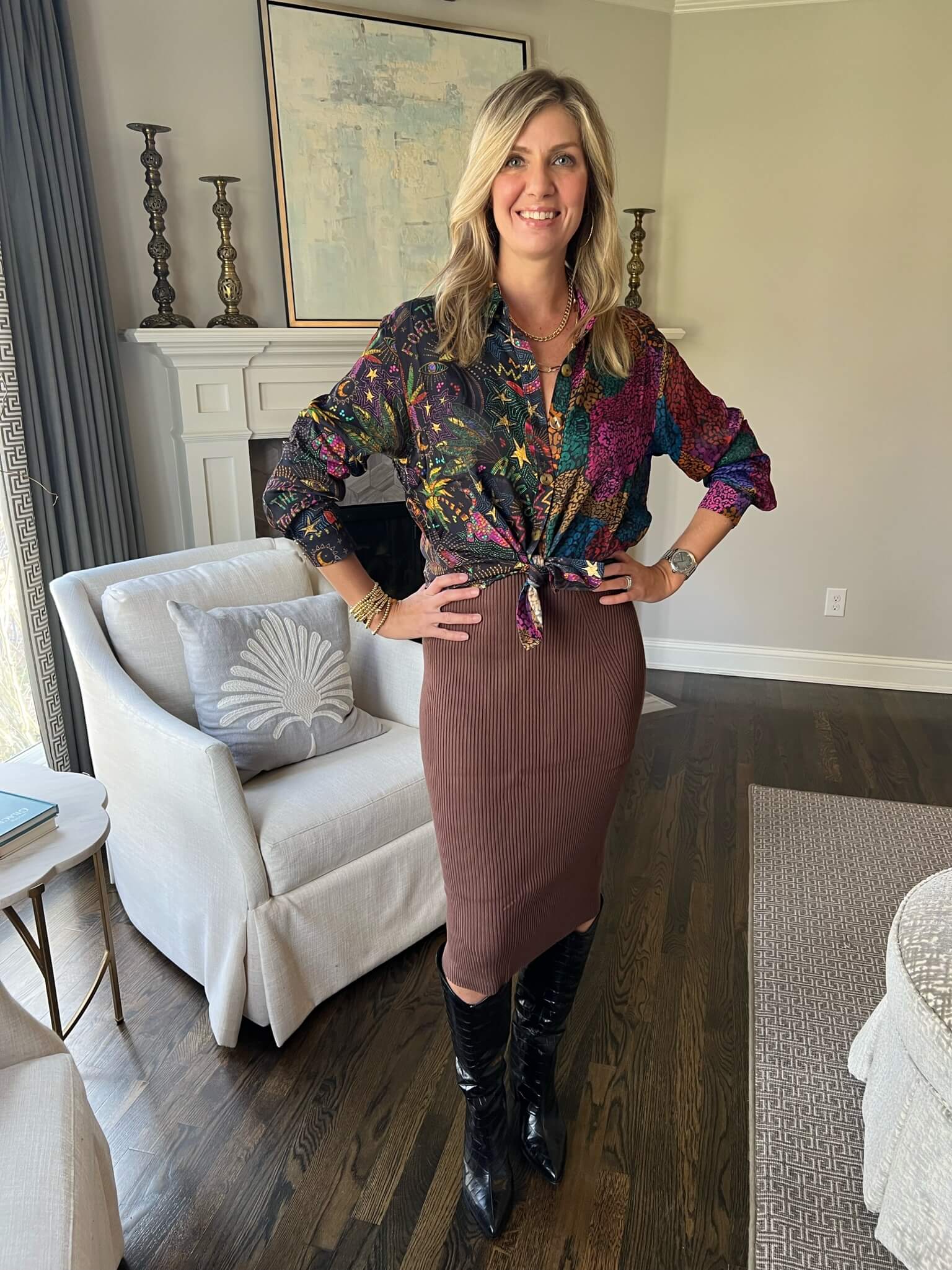 How To Wear Our Winter Capsule Wardrobe - Part 2 Printed Blouse & Midi Skirt & Black Boot